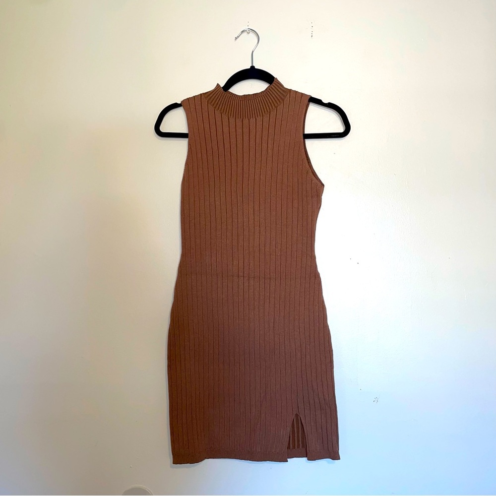 Brown Sleeveless Ribbed Mini Dress - Picture 2 of 5